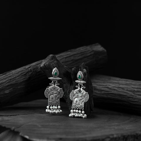 Green - saanjh bela leaves & elephant oxidised earrings