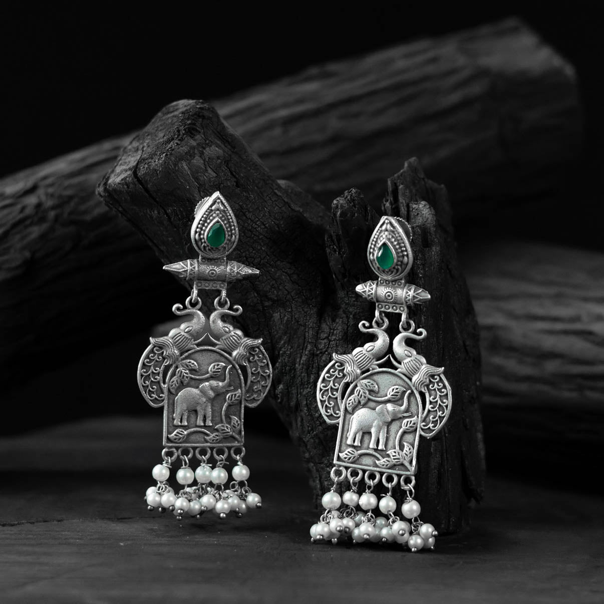 Green - saanjh bela leaves & elephant oxidised earrings