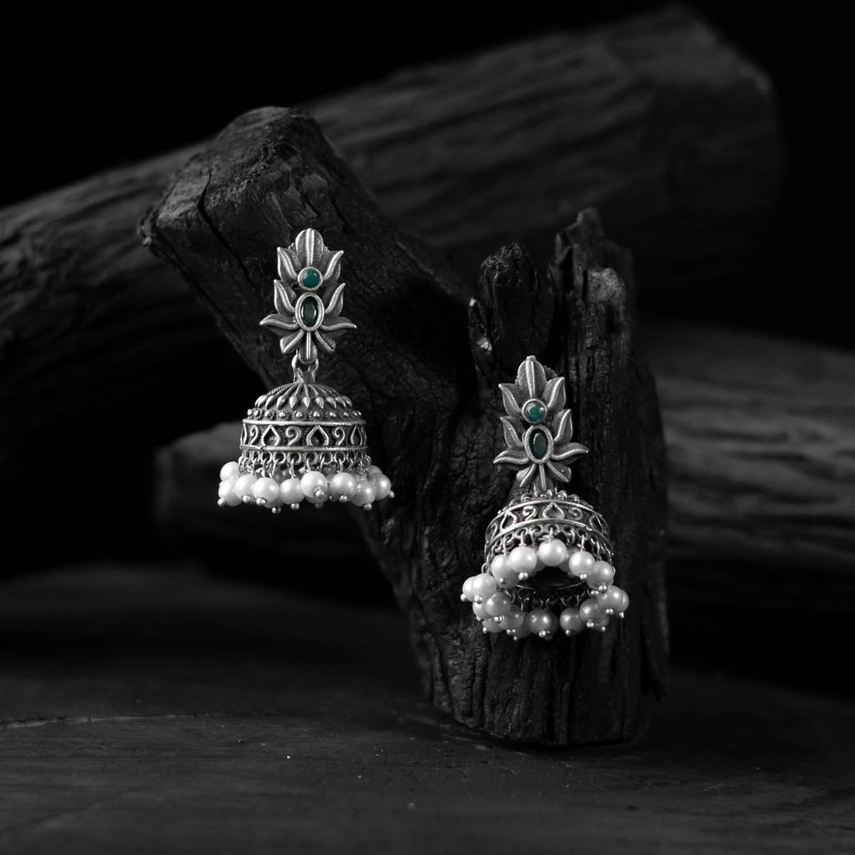Green - saanjh bela lotus oxidised jhumka earrings