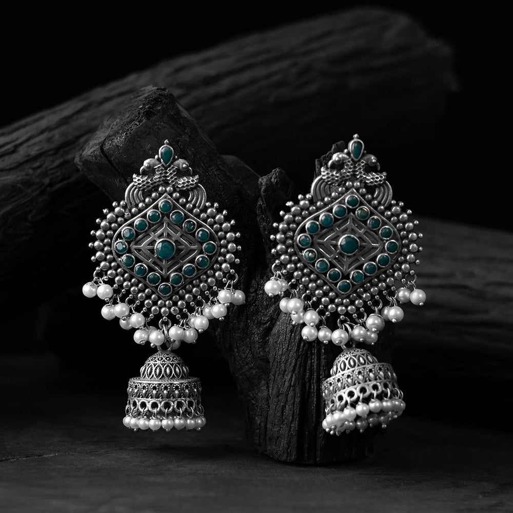 Green - saanjh bela mayur oxidised jhumka earrings