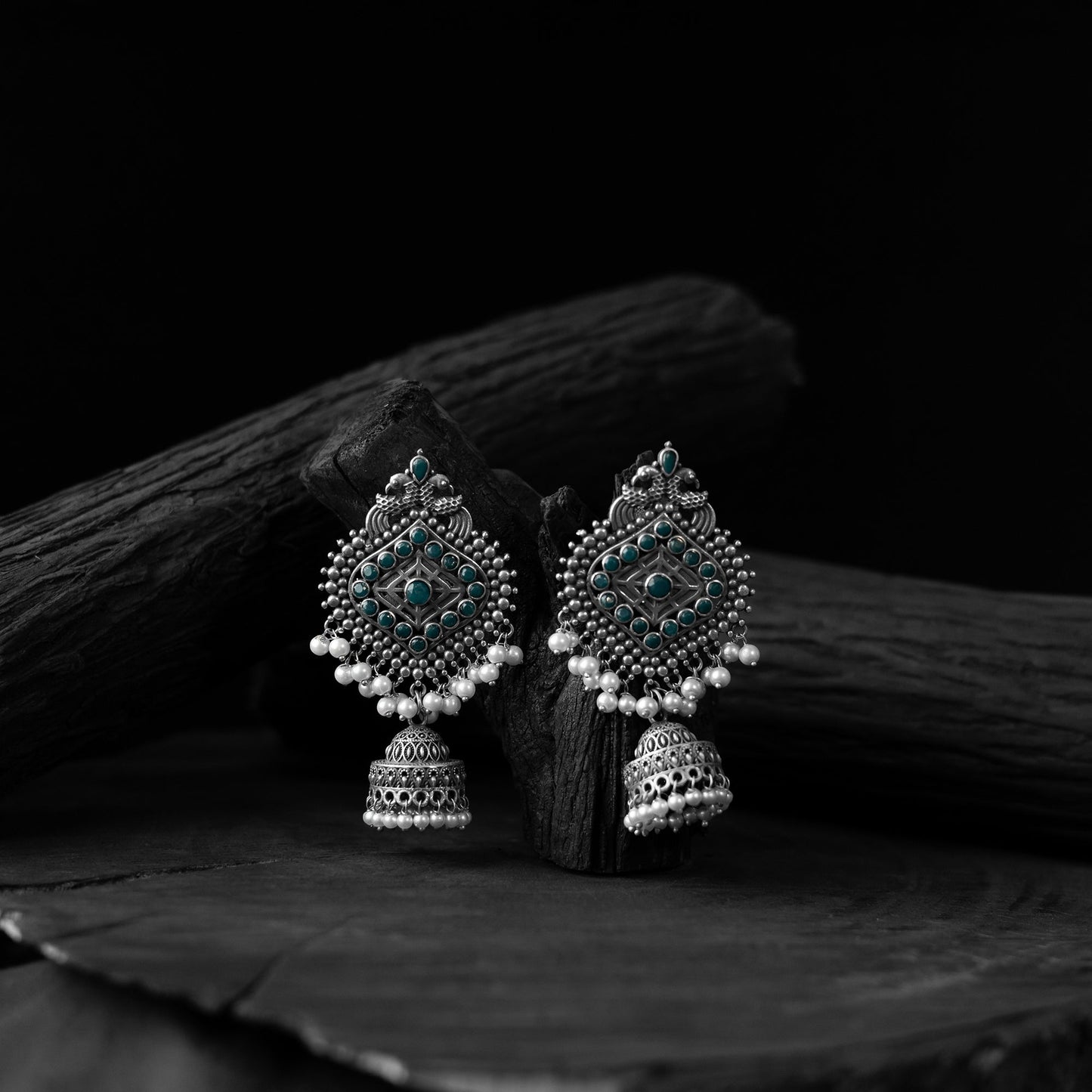 Green - saanjh bela mayur oxidised jhumka earrings