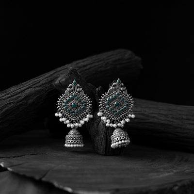 Green - saanjh bela mayur oxidised jhumka earrings