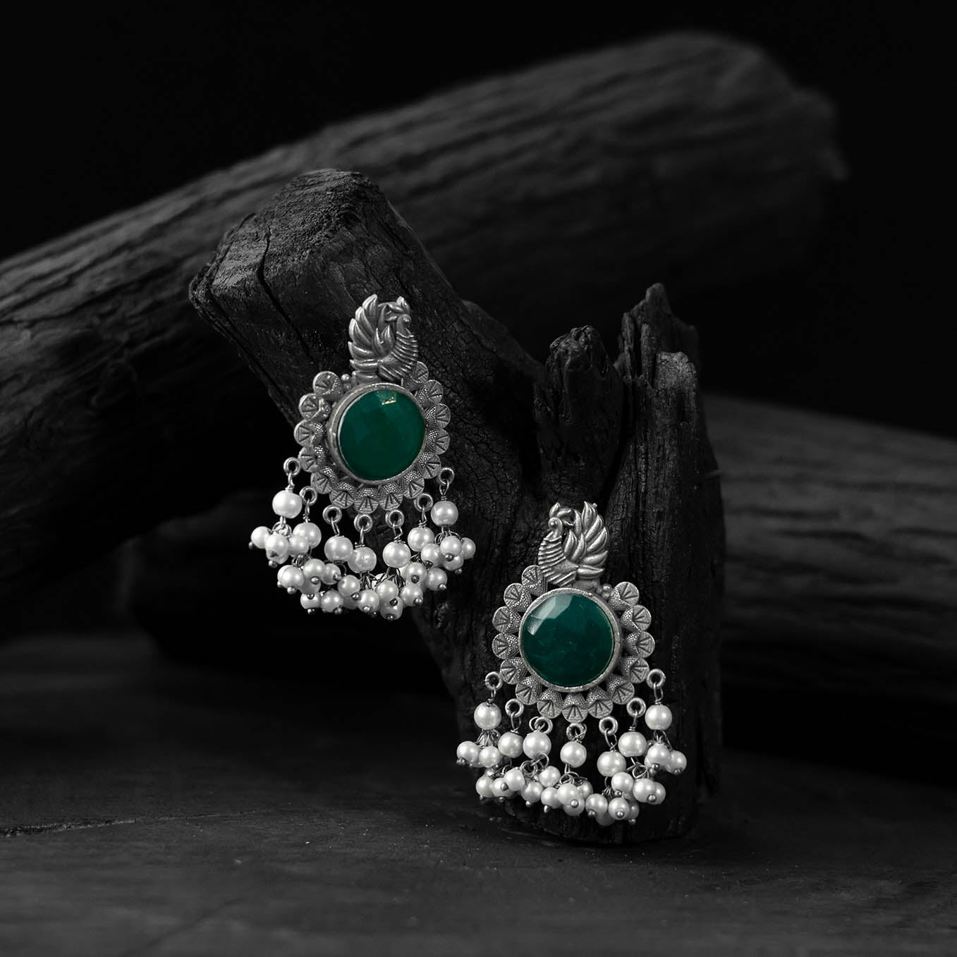 Green - saanjh bela mayura oxidised earrings - handcrafted