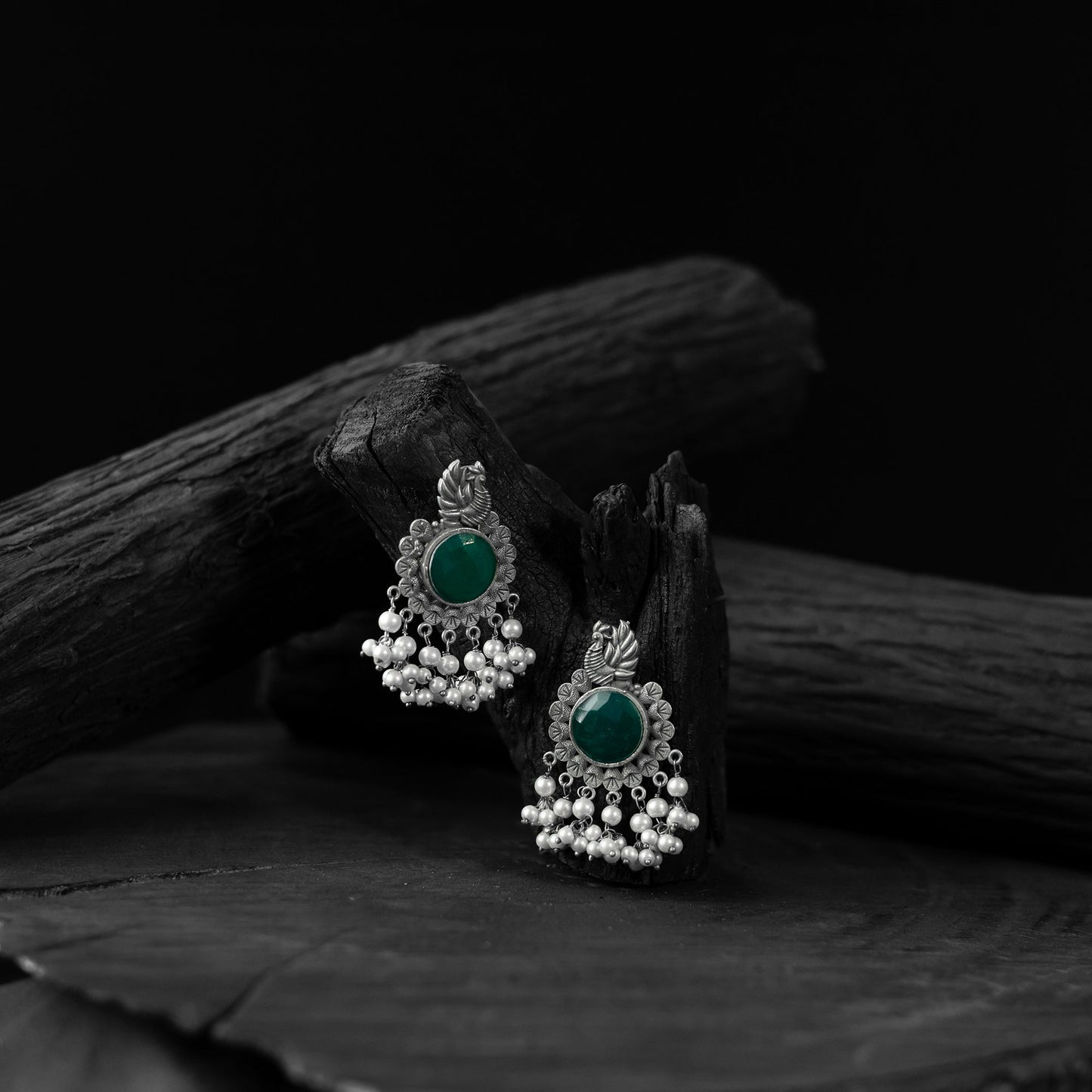 Green - saanjh bela mayura oxidised earrings - handcrafted