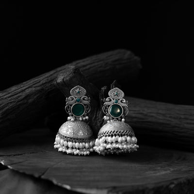 Green - saanjh bela mayuri oxidised jhumka earrings