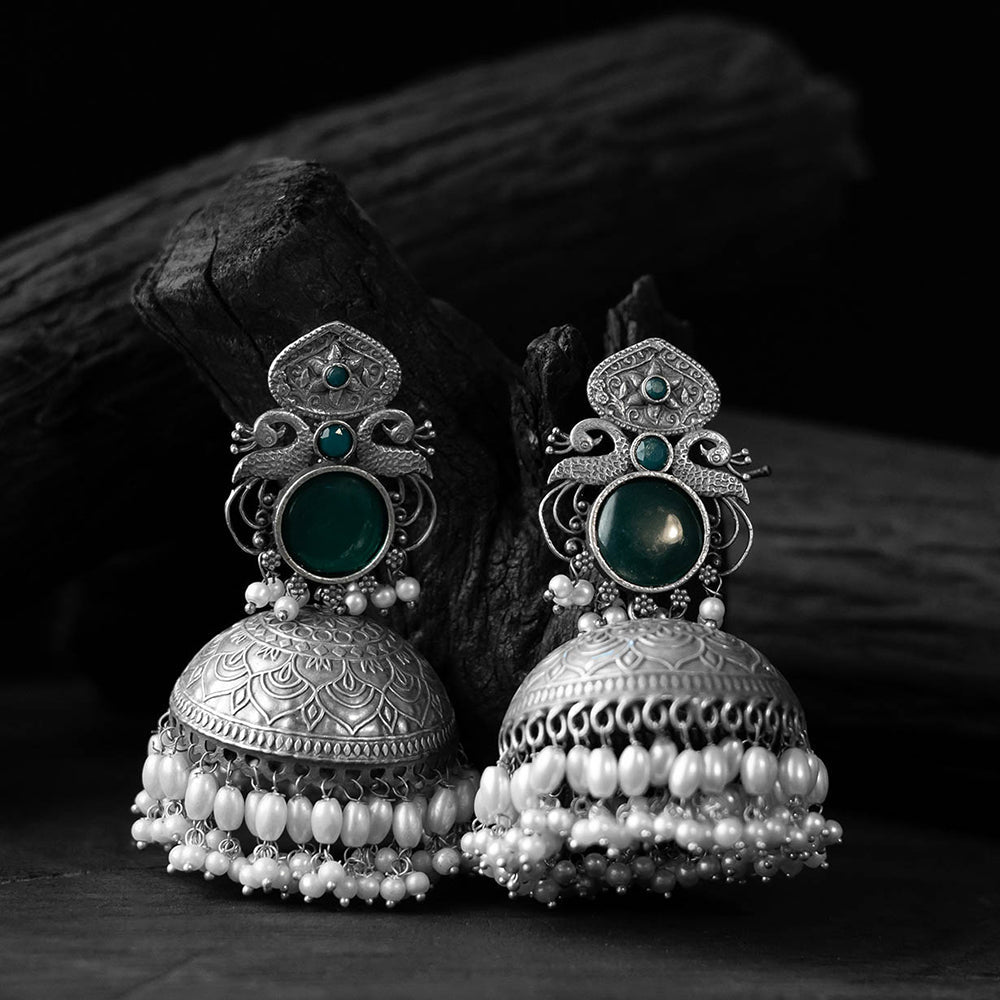 Green - saanjh bela mayuri oxidised jhumka earrings