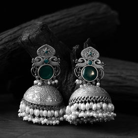 Green - saanjh bela mayuri oxidised jhumka earrings