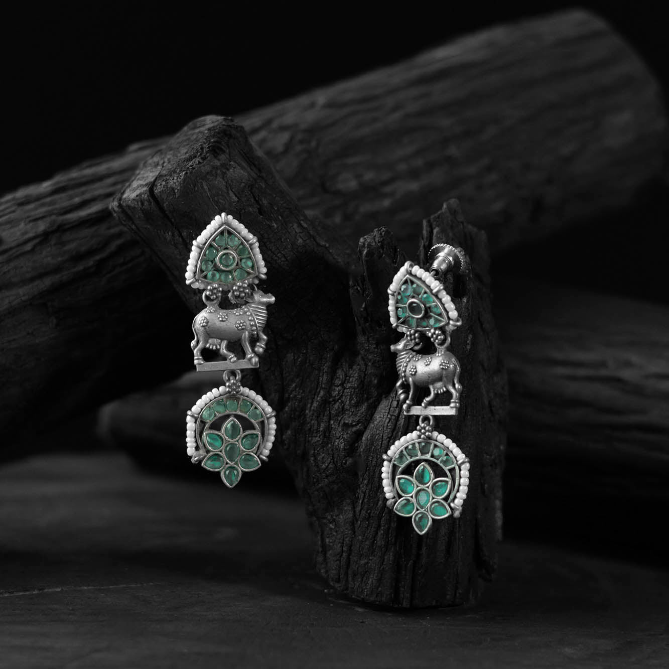 Green - saanjh bela nandi oxidised earrings - handcrafted