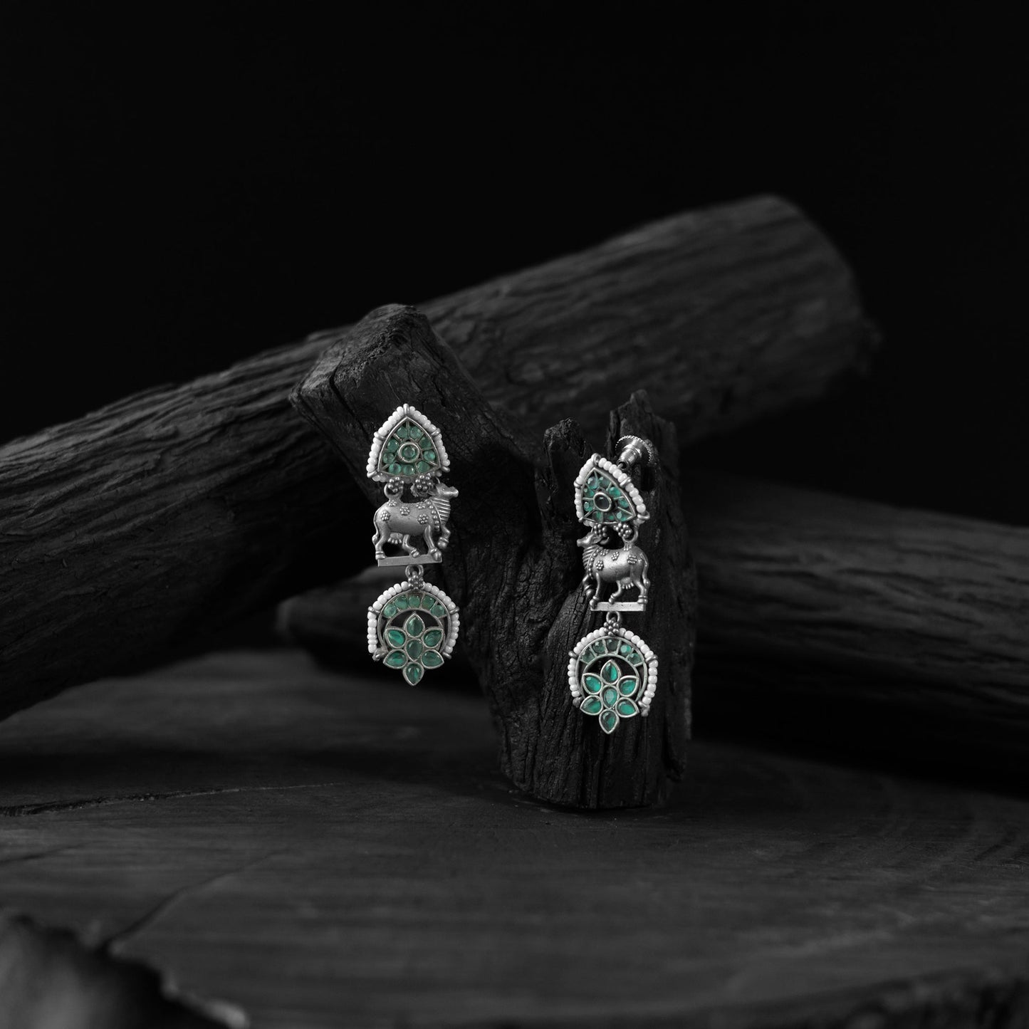 Green - saanjh bela nandi oxidised earrings - handcrafted