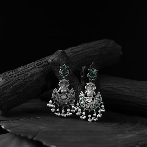 Green - saanjh bela owl oxidised earrings - handcrafted