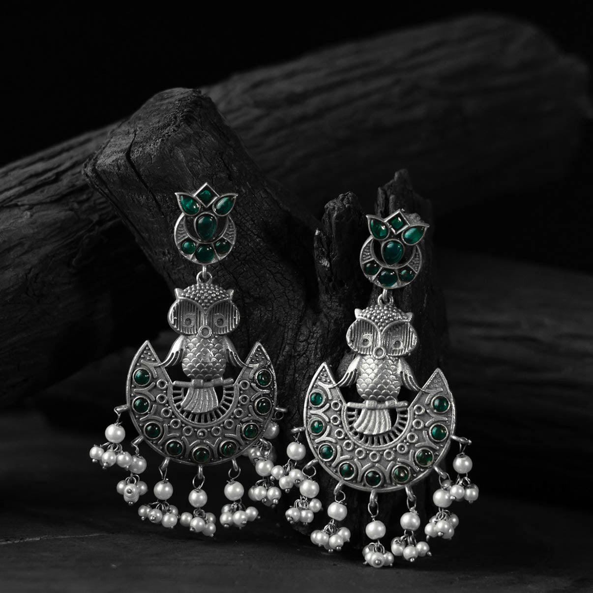 Green - saanjh bela owl oxidised earrings - handcrafted