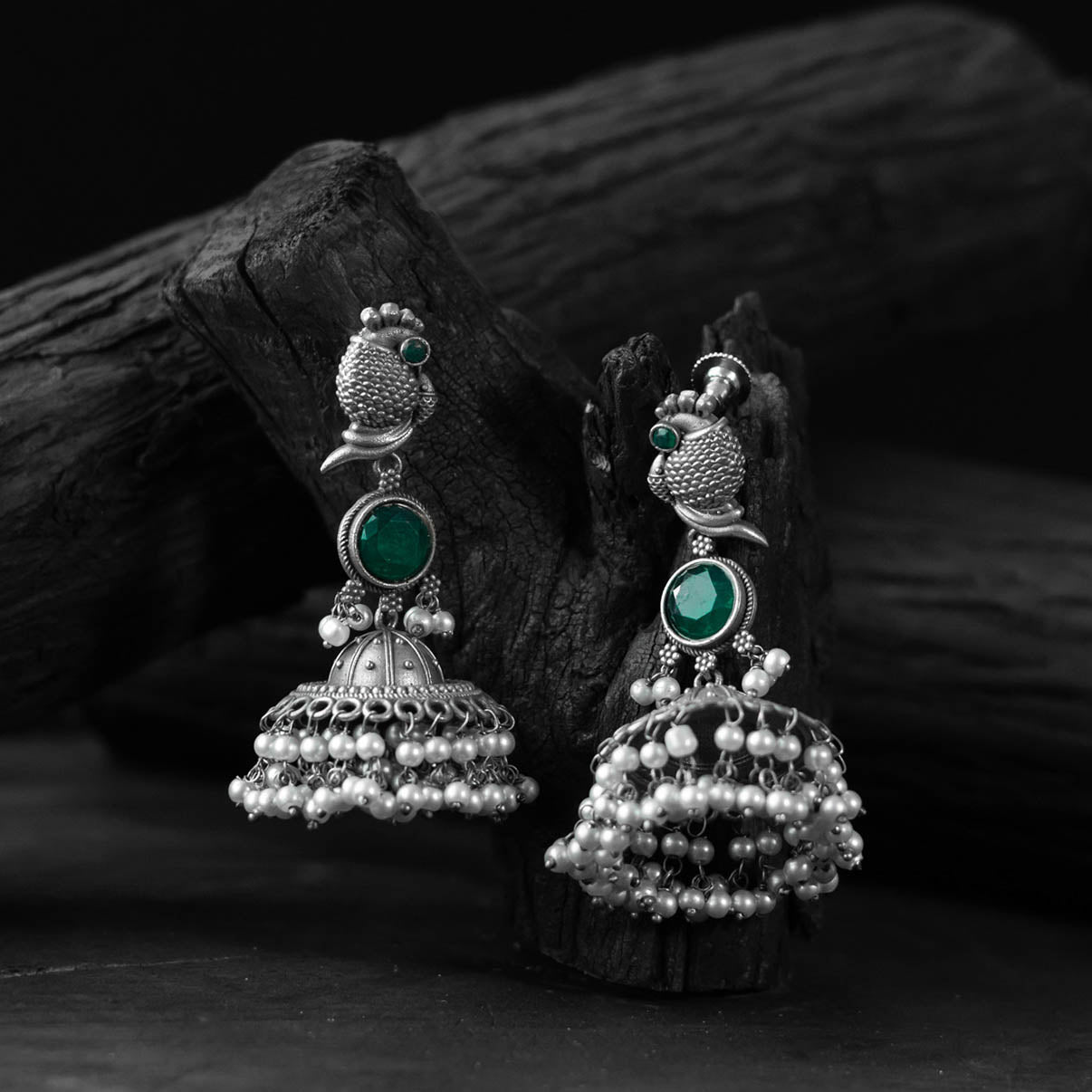 Green - saanjh bela peacock oxidised earrings - handcrafted