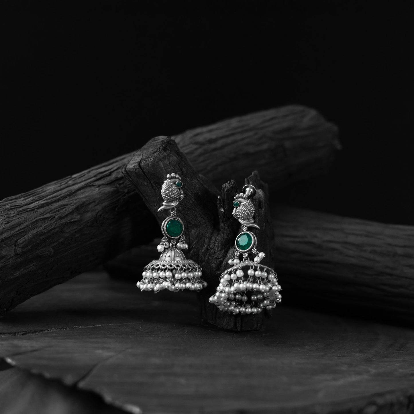 Green - saanjh bela peacock oxidised earrings - handcrafted