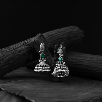 Green - saanjh bela peacock oxidised earrings - handcrafted