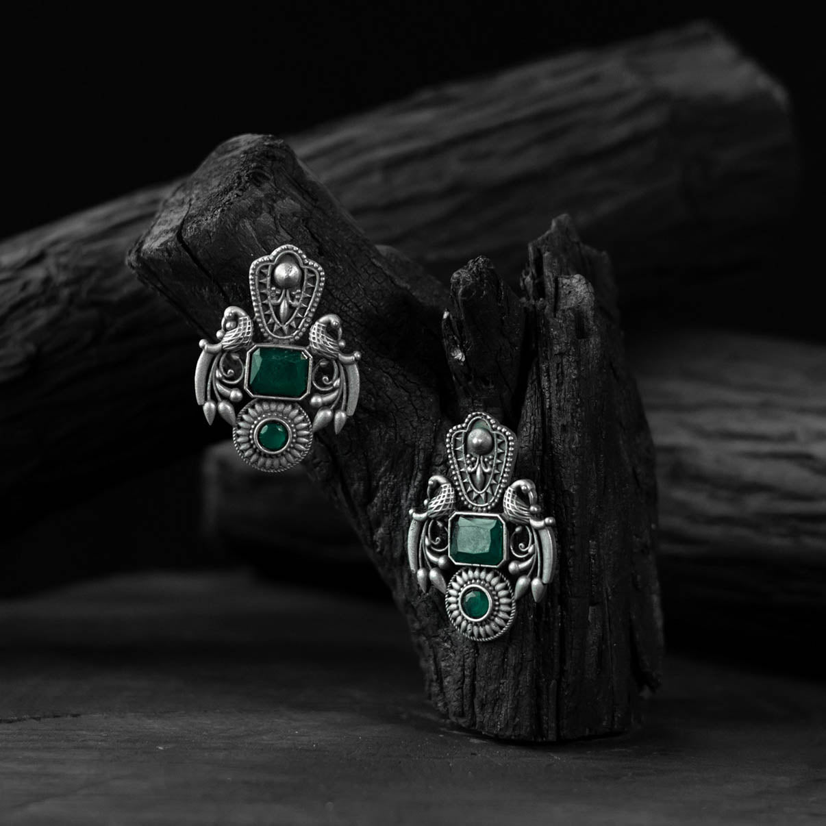 Green - saanjh bela peacock oxidised earrings - handcrafted