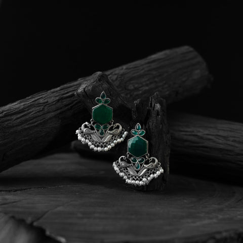 Green - saanjh bela peacock oxidised earrings - handcrafted