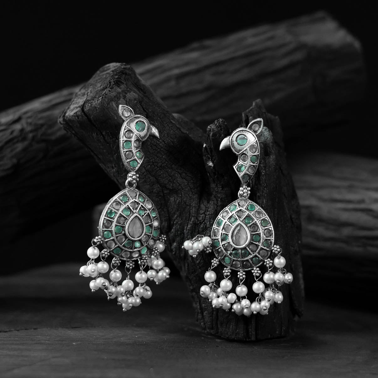 Green - saanjh bela peacock oxidised earrings - handcrafted