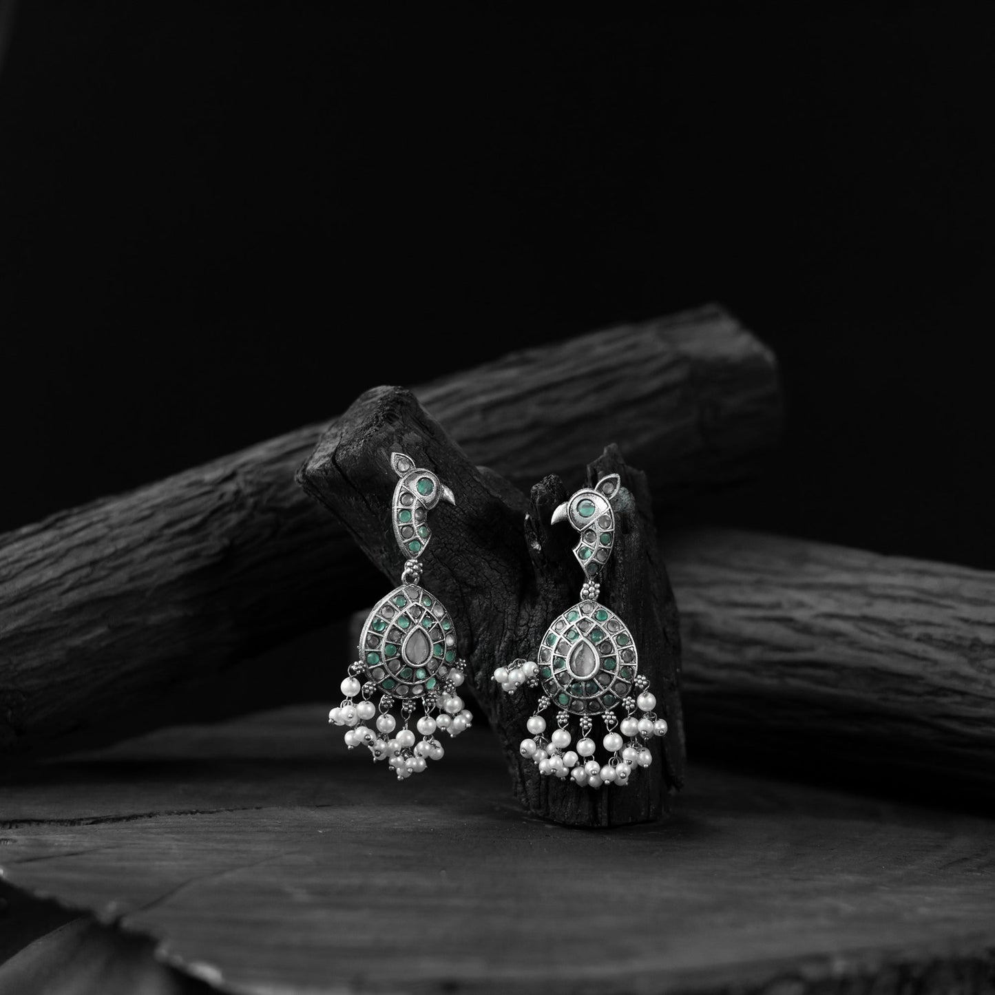 Green - saanjh bela peacock oxidised earrings - handcrafted