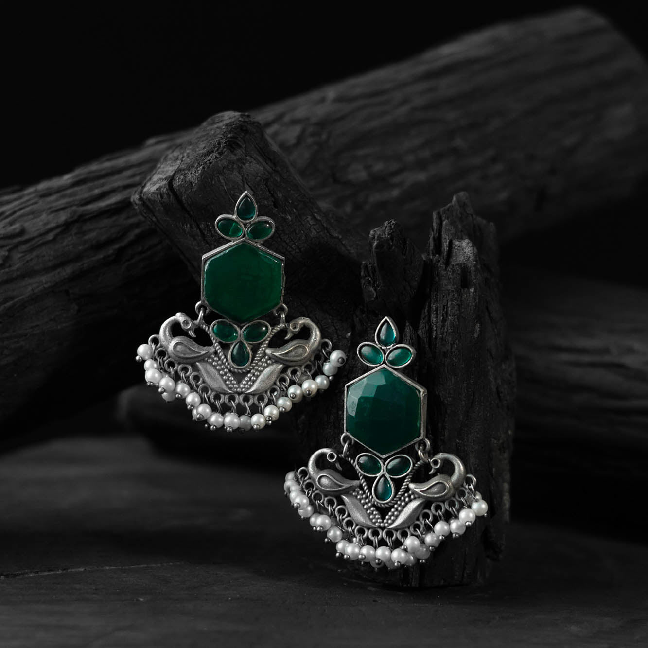 Green - saanjh bela peacock oxidised earrings - handcrafted