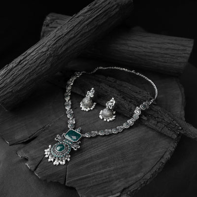 Green - saanjh bela peacock oxidised necklace set
