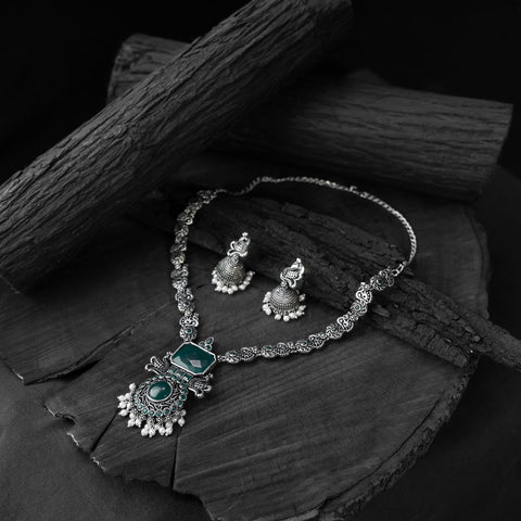 Green - saanjh bela peacock oxidised necklace set