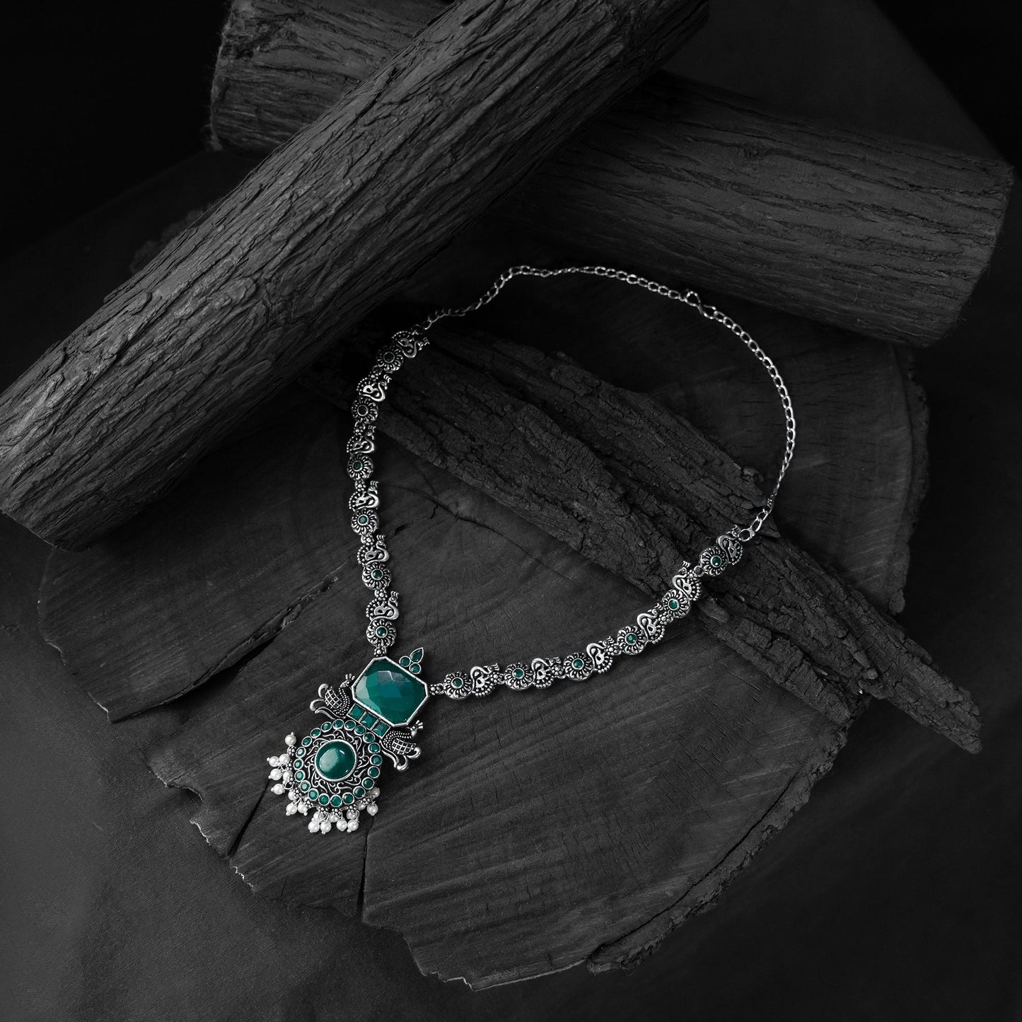 Green - saanjh bela peacock oxidised necklace set