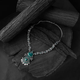Green - saanjh bela peacock oxidised necklace set