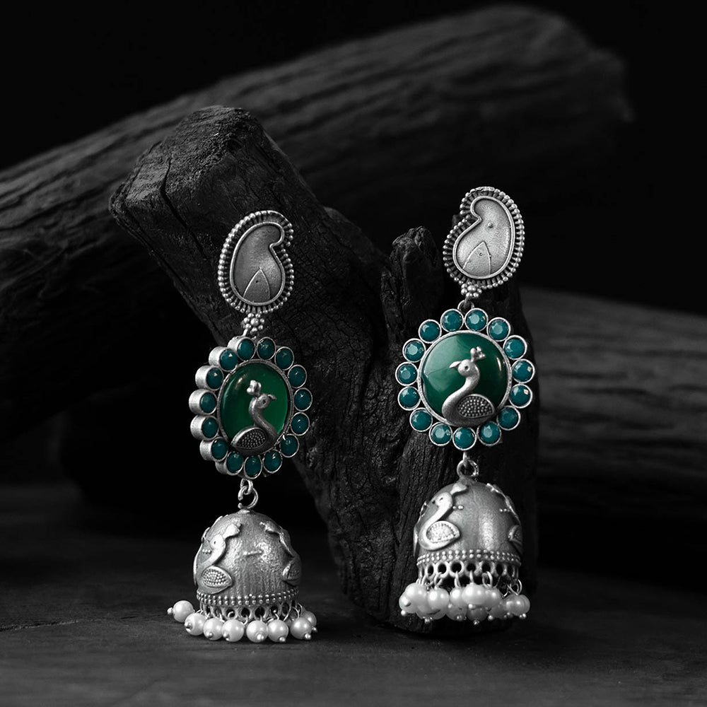 Green - saanjh bela peacock & paisley oxidised jhumka