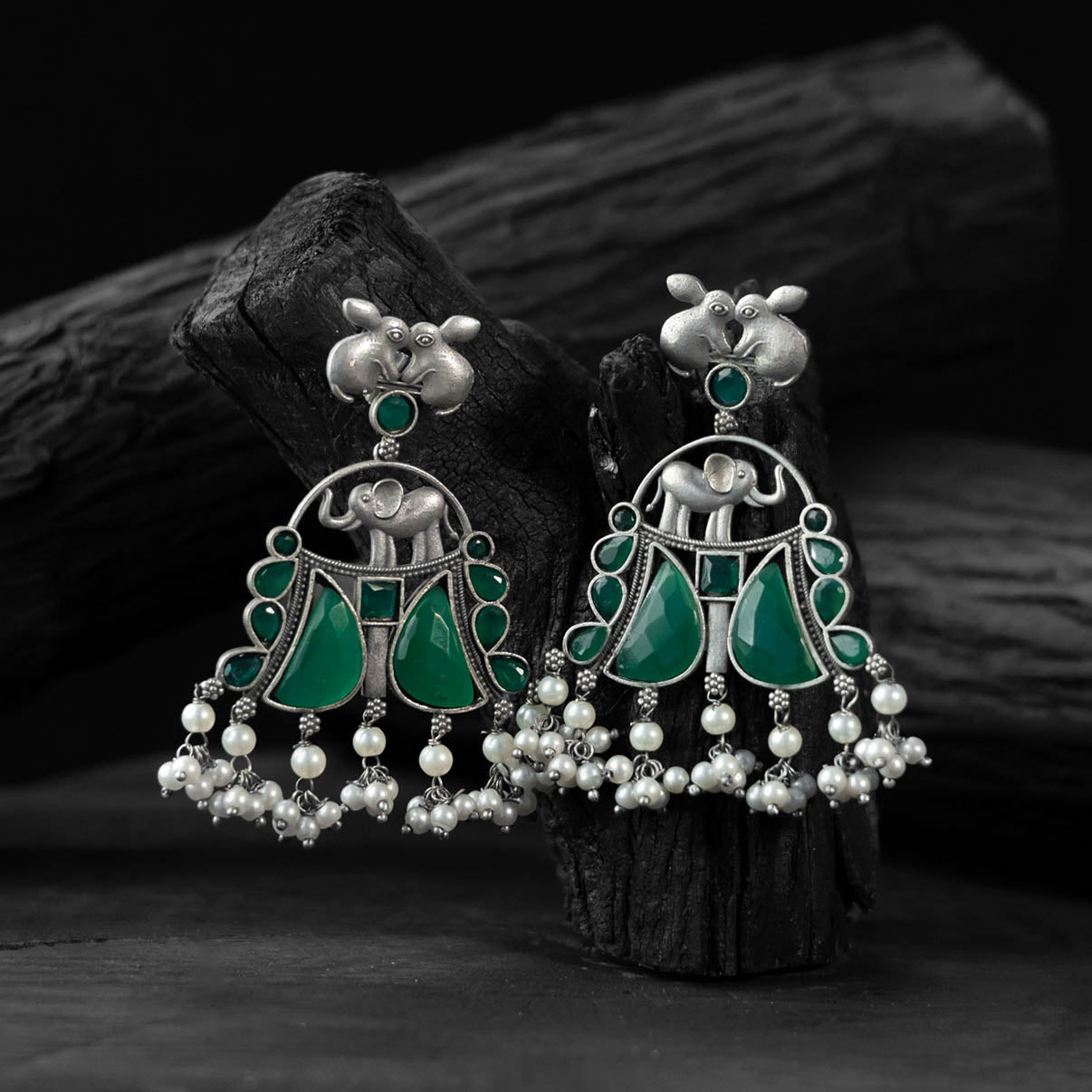 Green - saanjh bela rabbit & elephant oxidised earrings