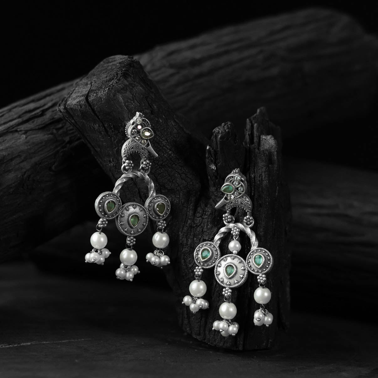 Green - saanjh bela sparrow oxidised earrings - handcrafted