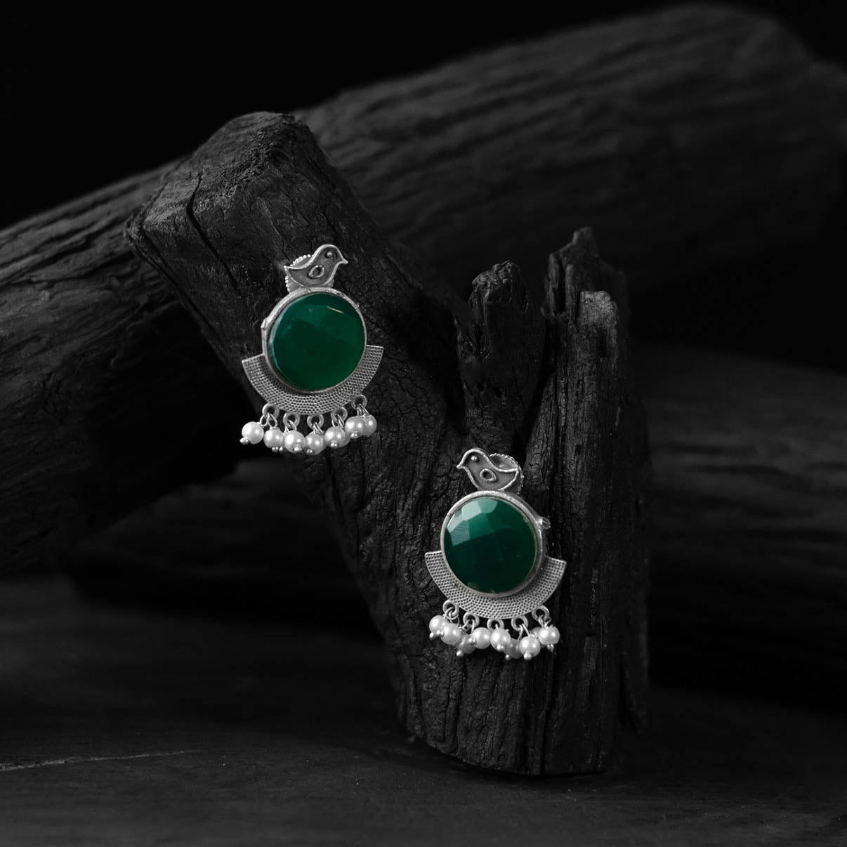 Green - saanjh bela sparrow oxidised earrings - handcrafted