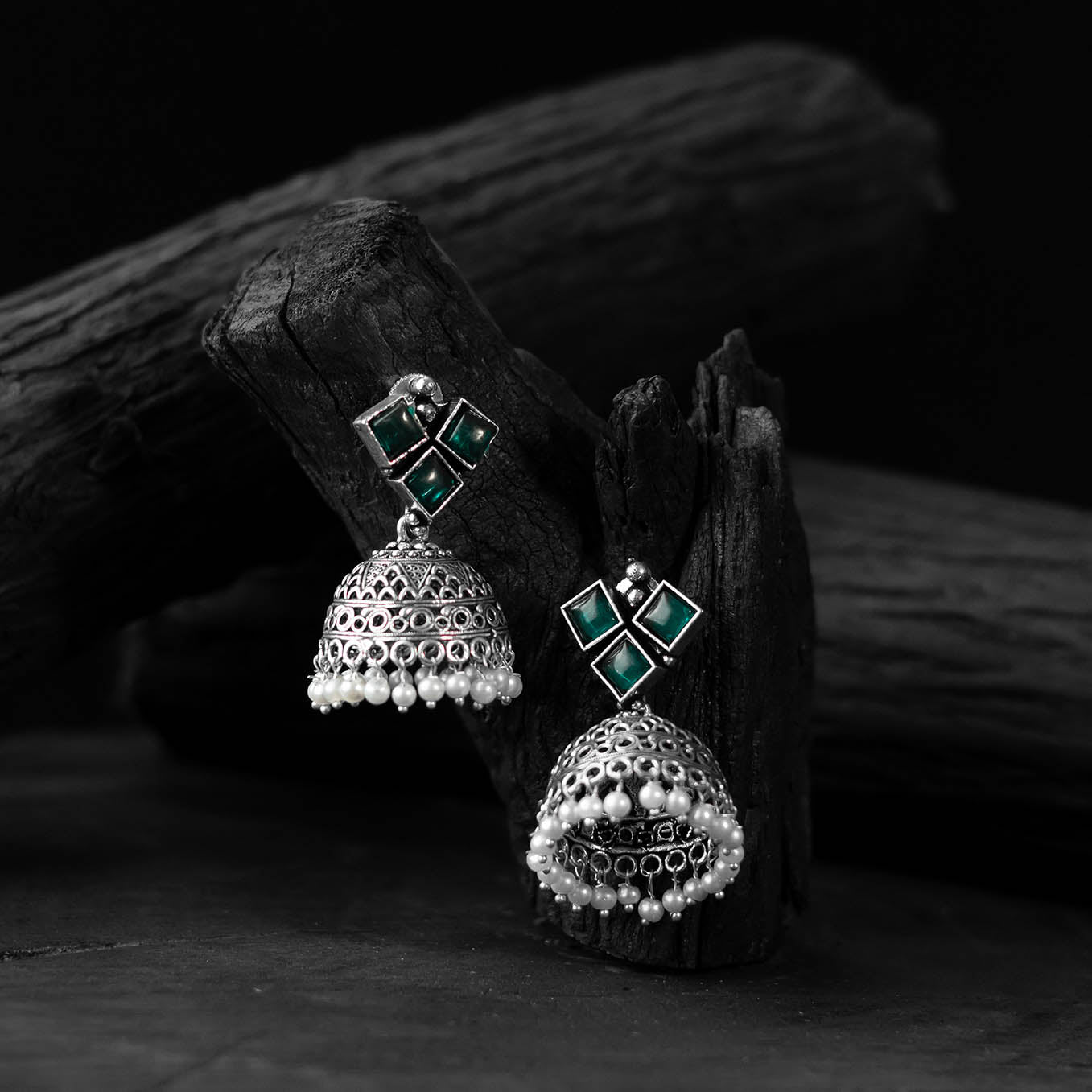 Green - saanjh bela square oxidised jhumka earrings