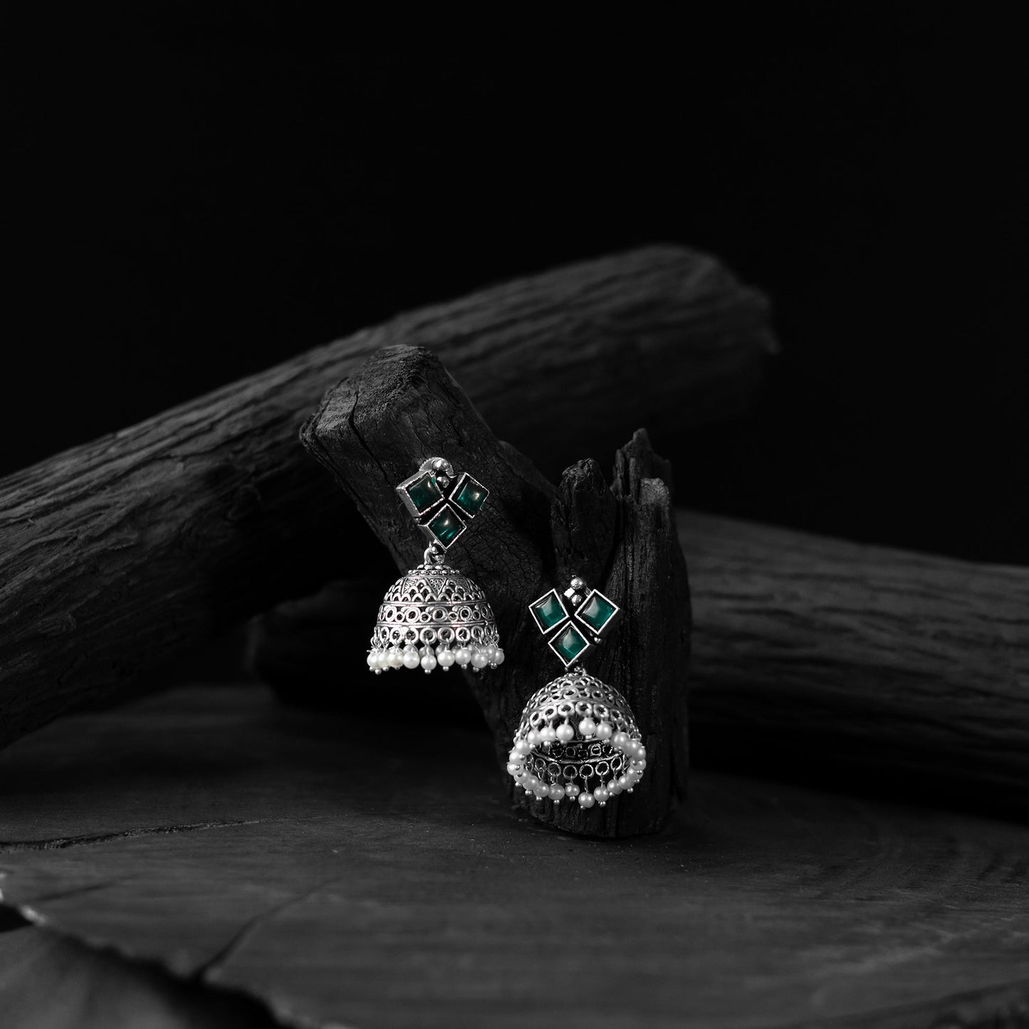 Green - saanjh bela square oxidised jhumka earrings