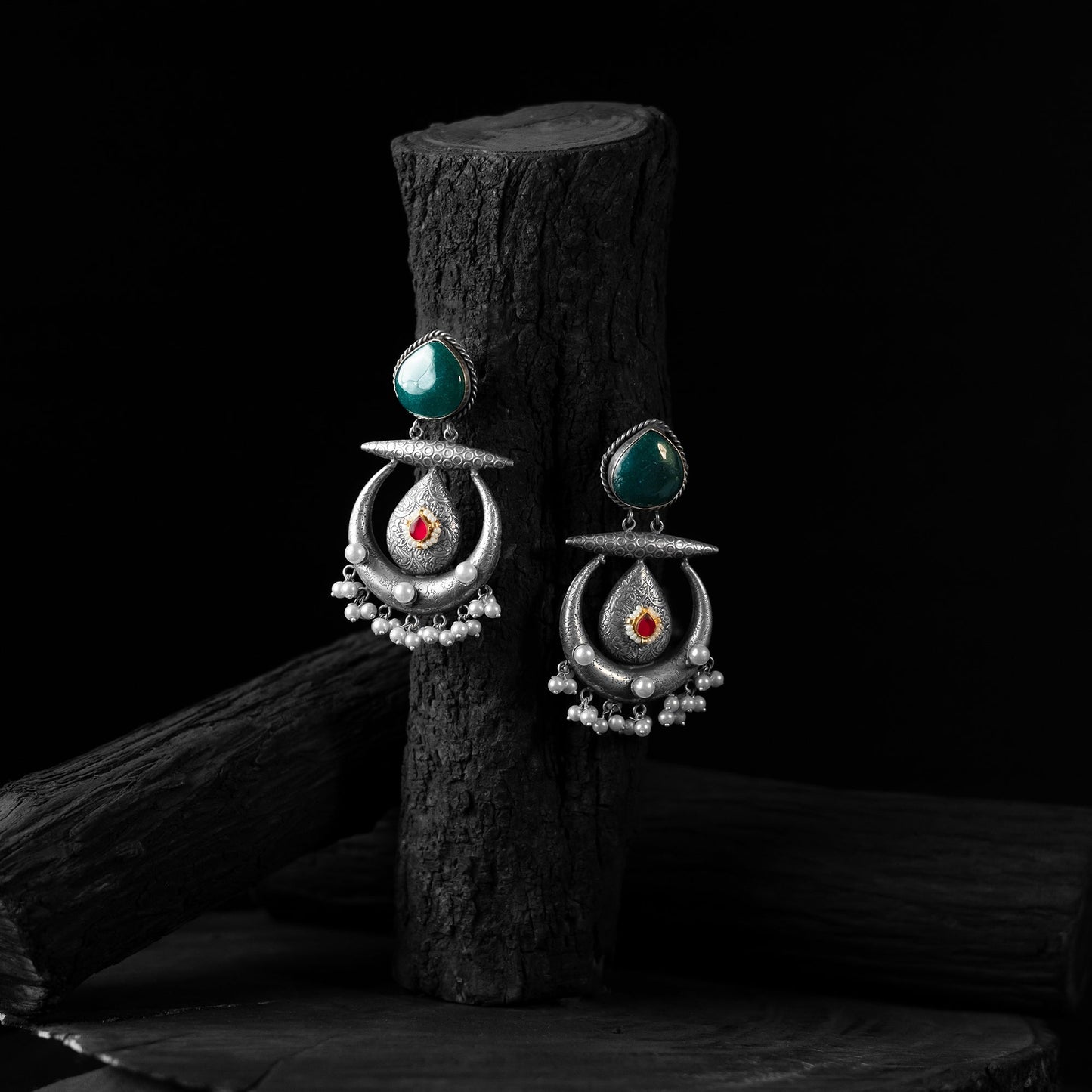Green - saanjh bela stone chandbali oxidised earrings