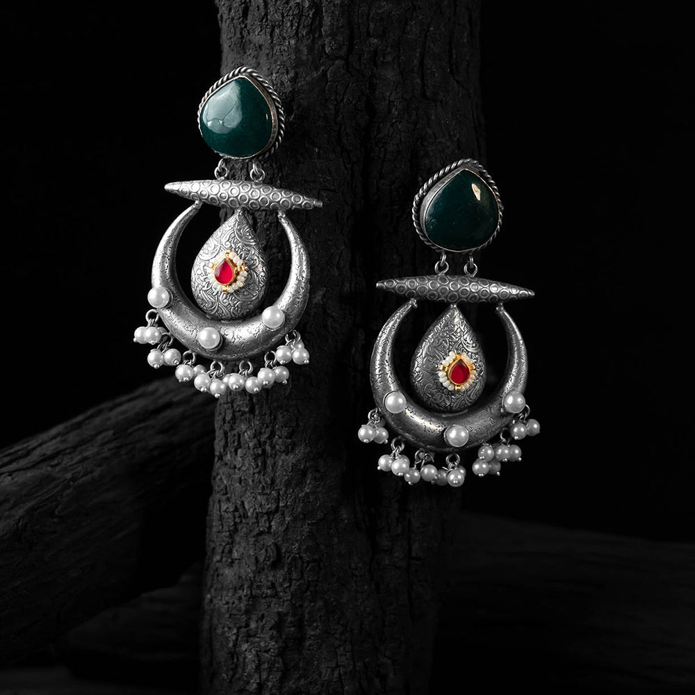 Green - saanjh bela stone chandbali oxidised earrings