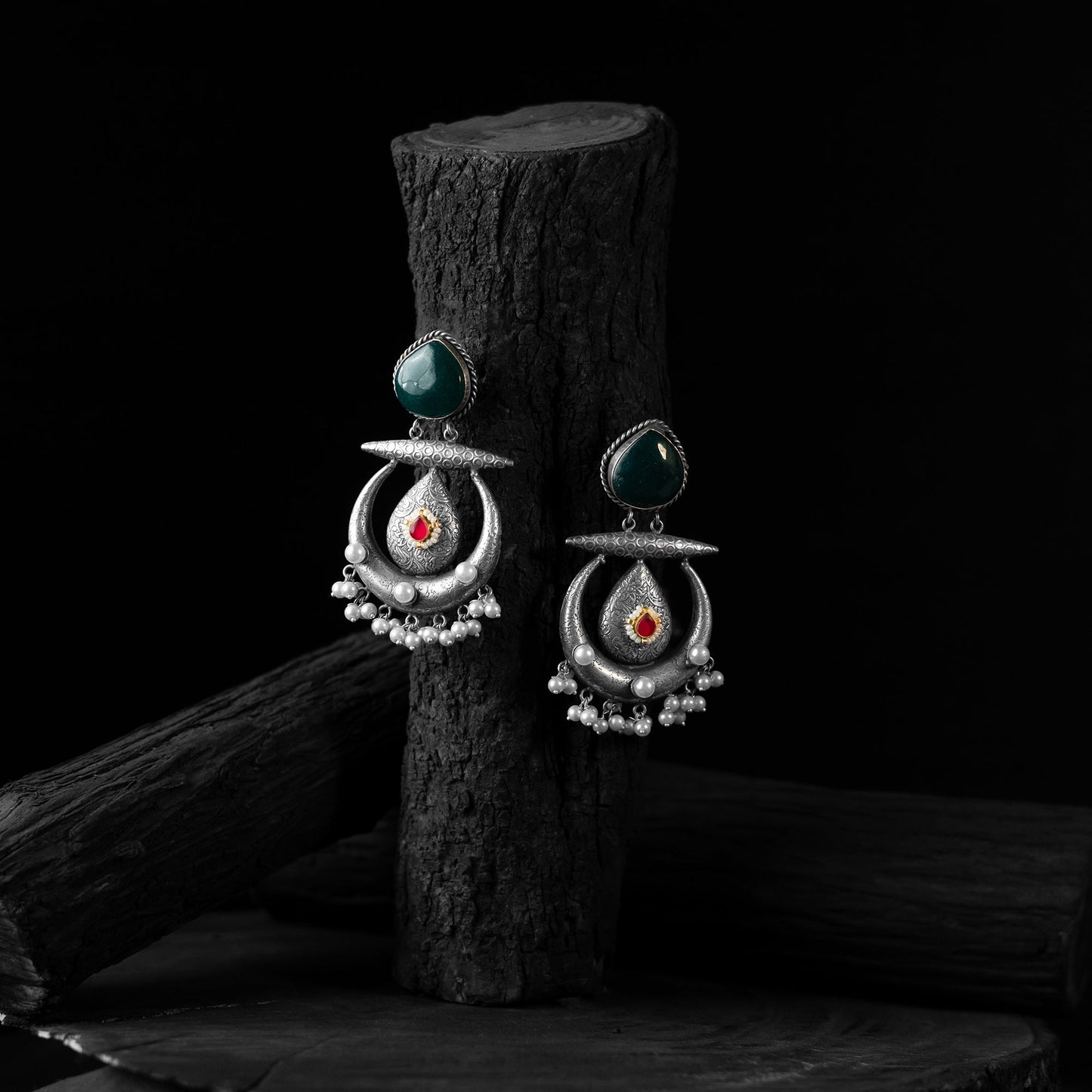 Green - saanjh bela stone chandbali oxidised earrings