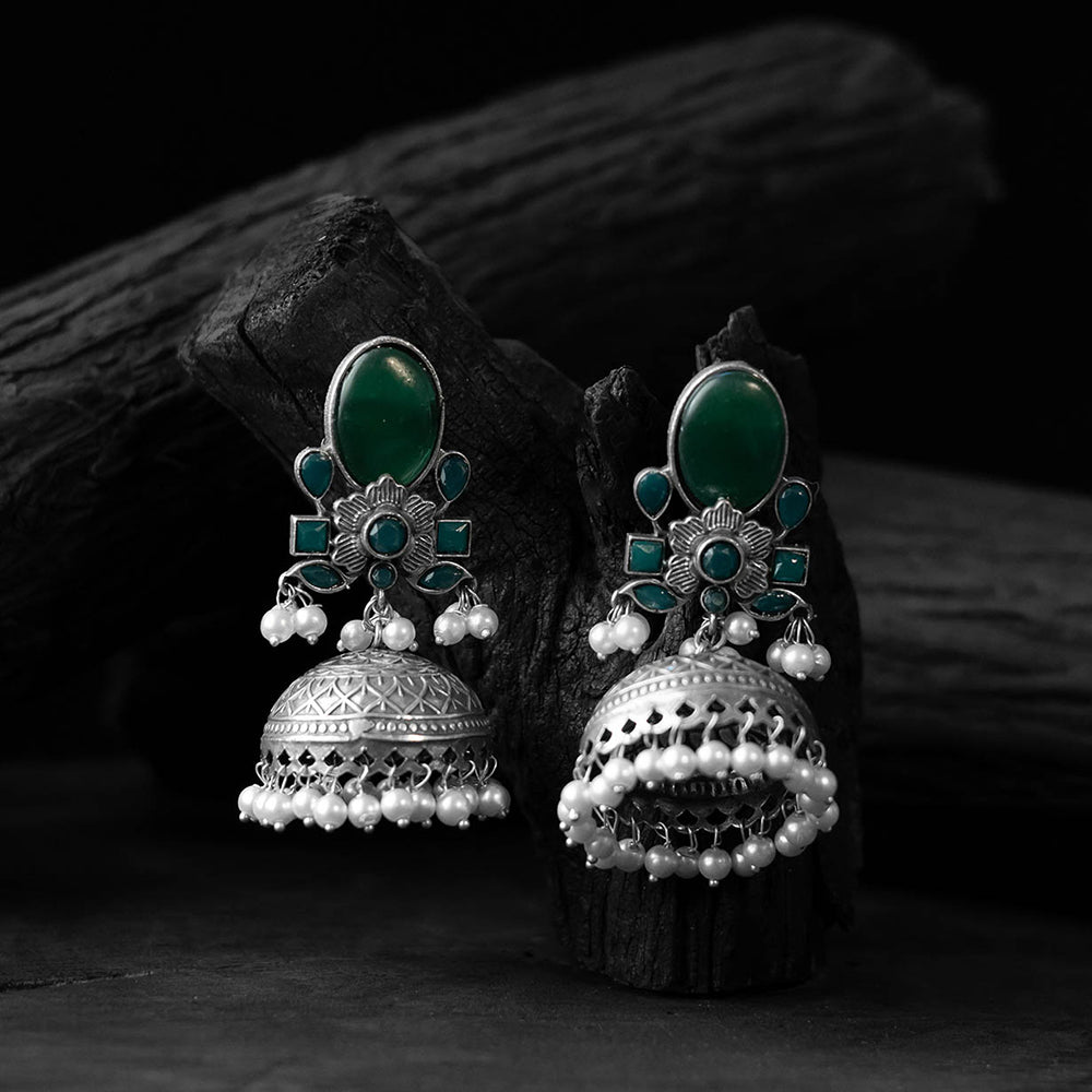 Green - saanjh bela stone oxidised jhumka earrings