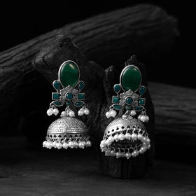 Green - saanjh bela stone oxidised jhumka earrings