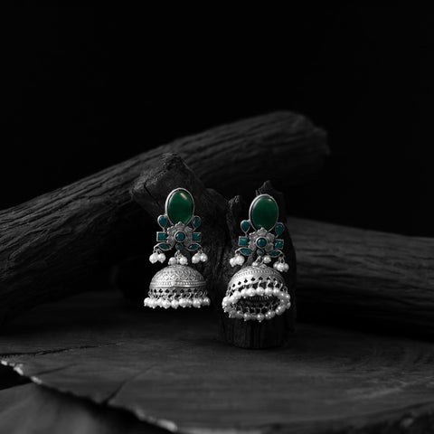 Green - saanjh bela stone oxidised jhumka earrings