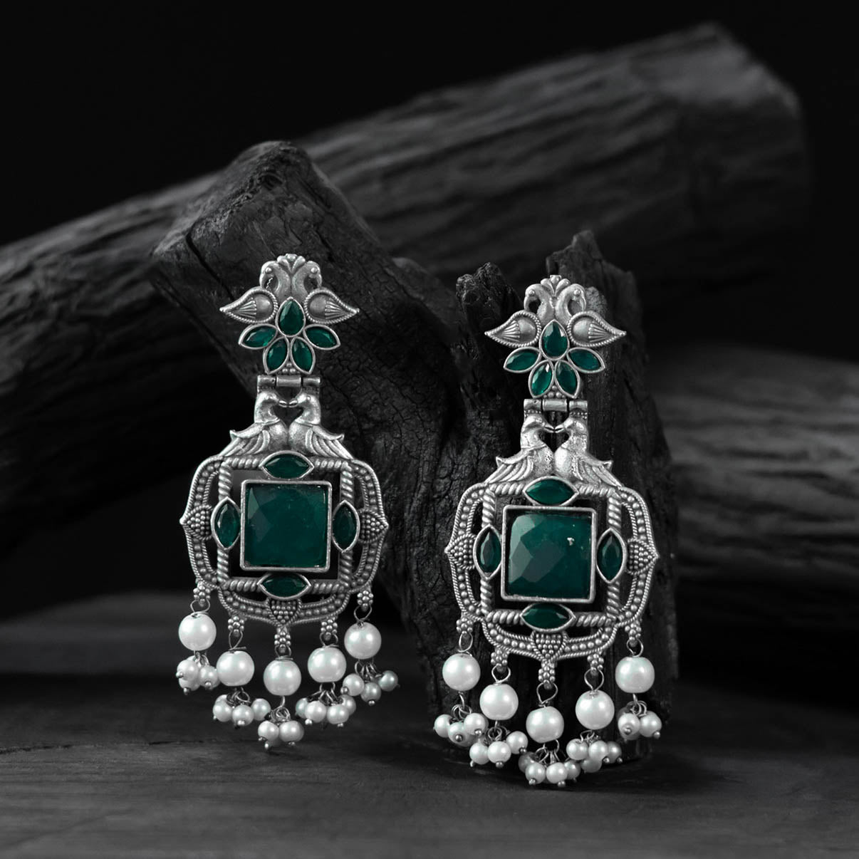 Green - saanjh bela swan oxidised earrings - handcrafted