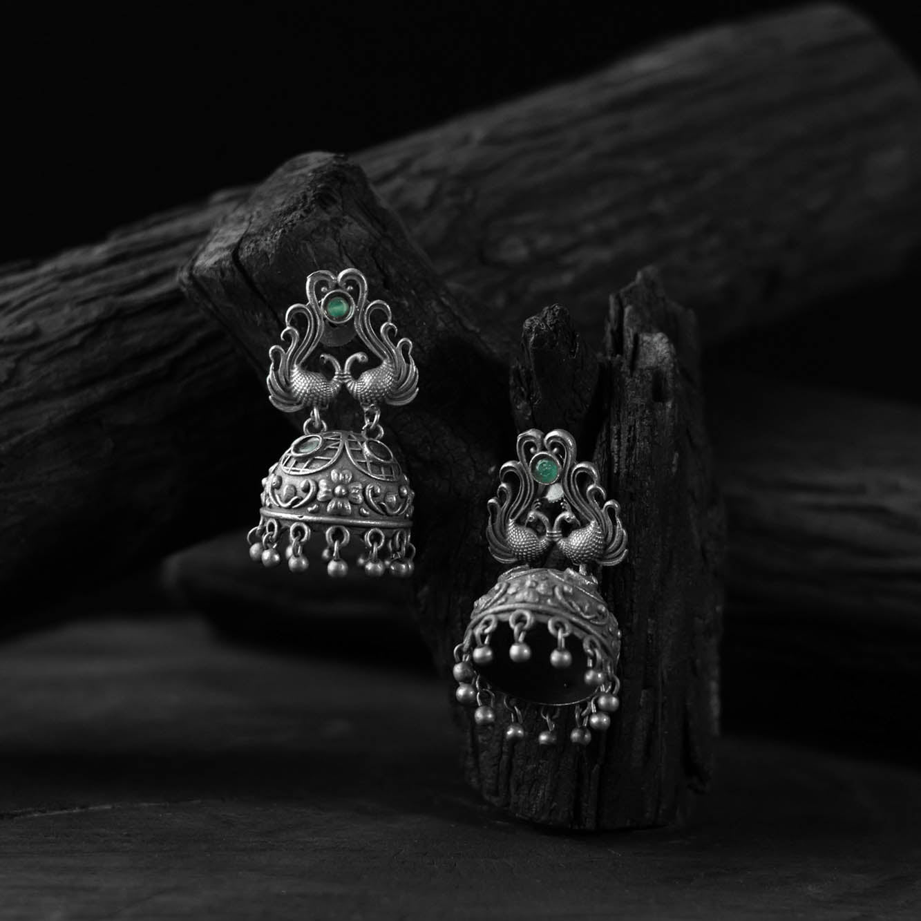 Green - saanjh bela twin mayuri oxidised earrings