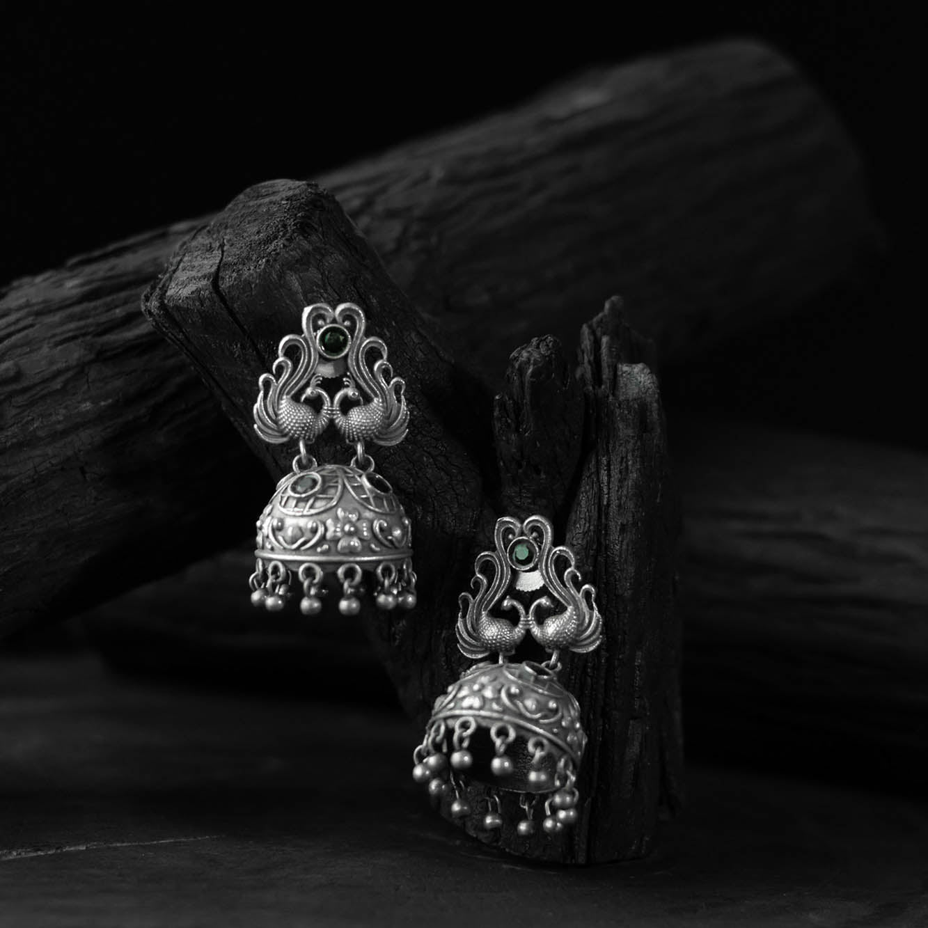 Green - saanjh bela twin mayuri oxidised earrings
