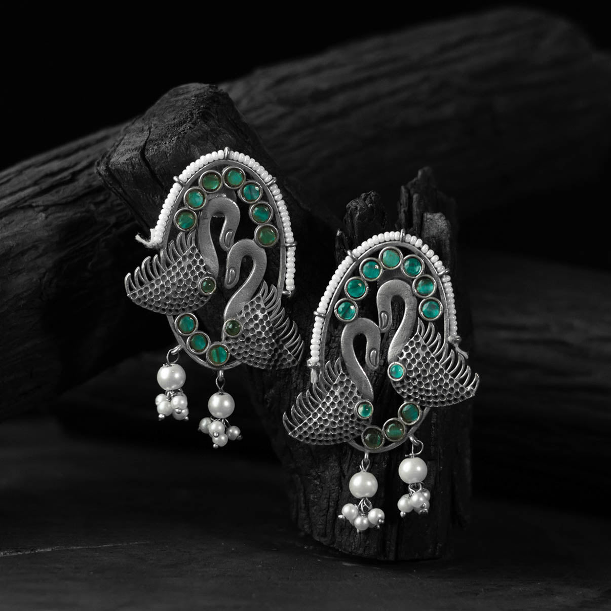 Green - saanjh bela twin swan oxidised earrings