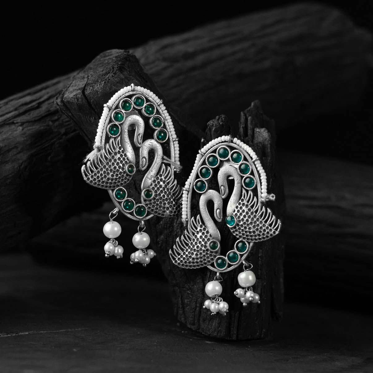Green - saanjh bela twin swan oxidised earrings