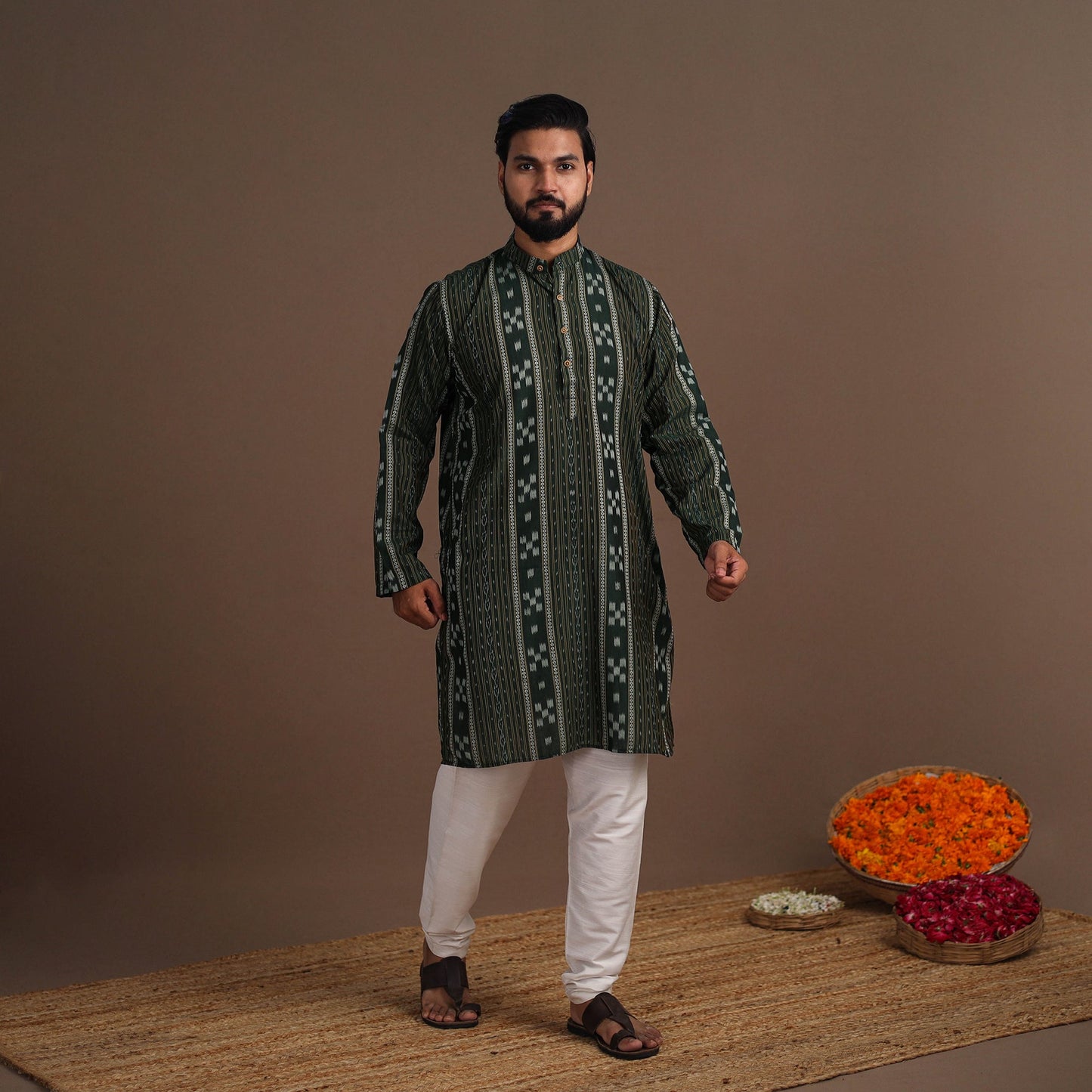 Green Sambalpuri Ikat Weave Cotton Men Long Kurta
