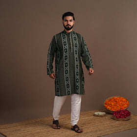 Green Sambalpuri Ikat Weave Cotton Men Long Kurta