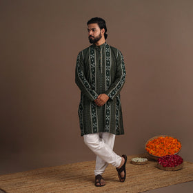 Green Sambalpuri Ikat Weave Cotton Men Long Kurta