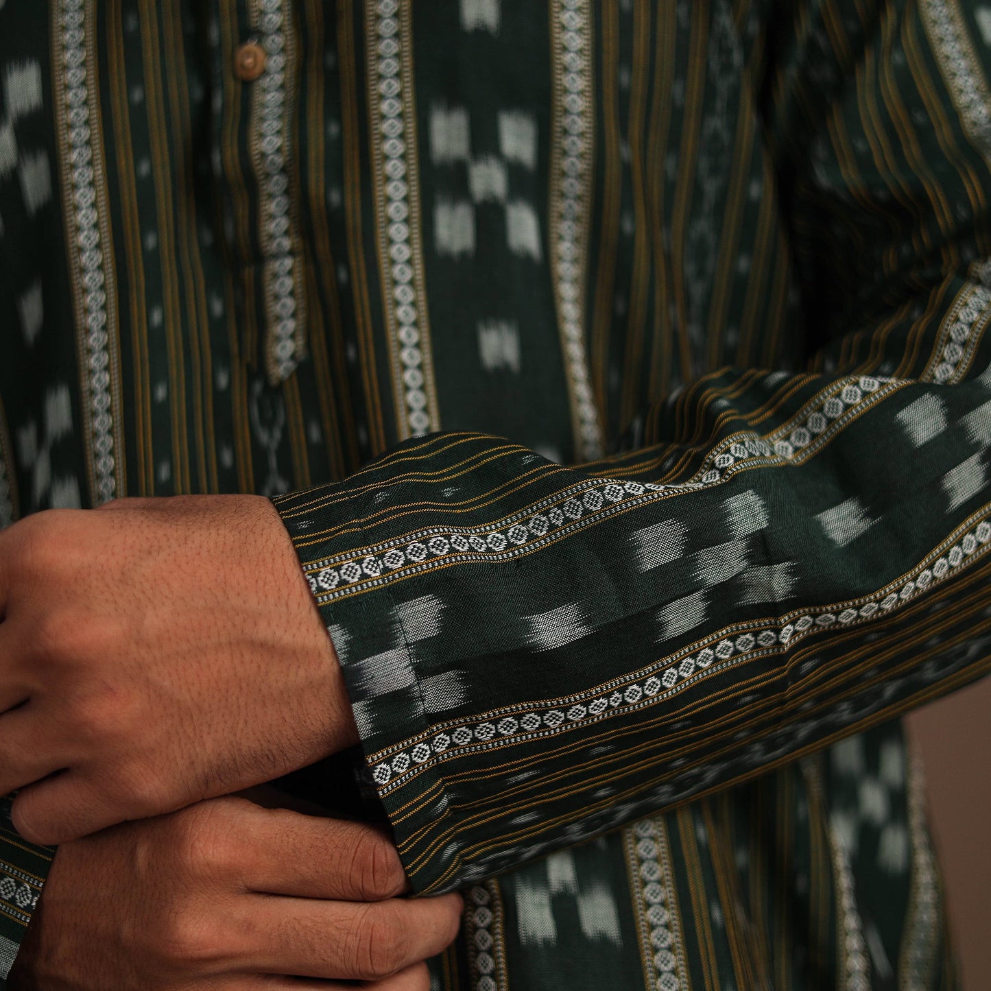 Green Sambalpuri Ikat Weave Cotton Men Long Kurta