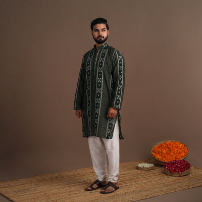 Green Sambalpuri Ikat Weave Cotton Men Long Kurta
