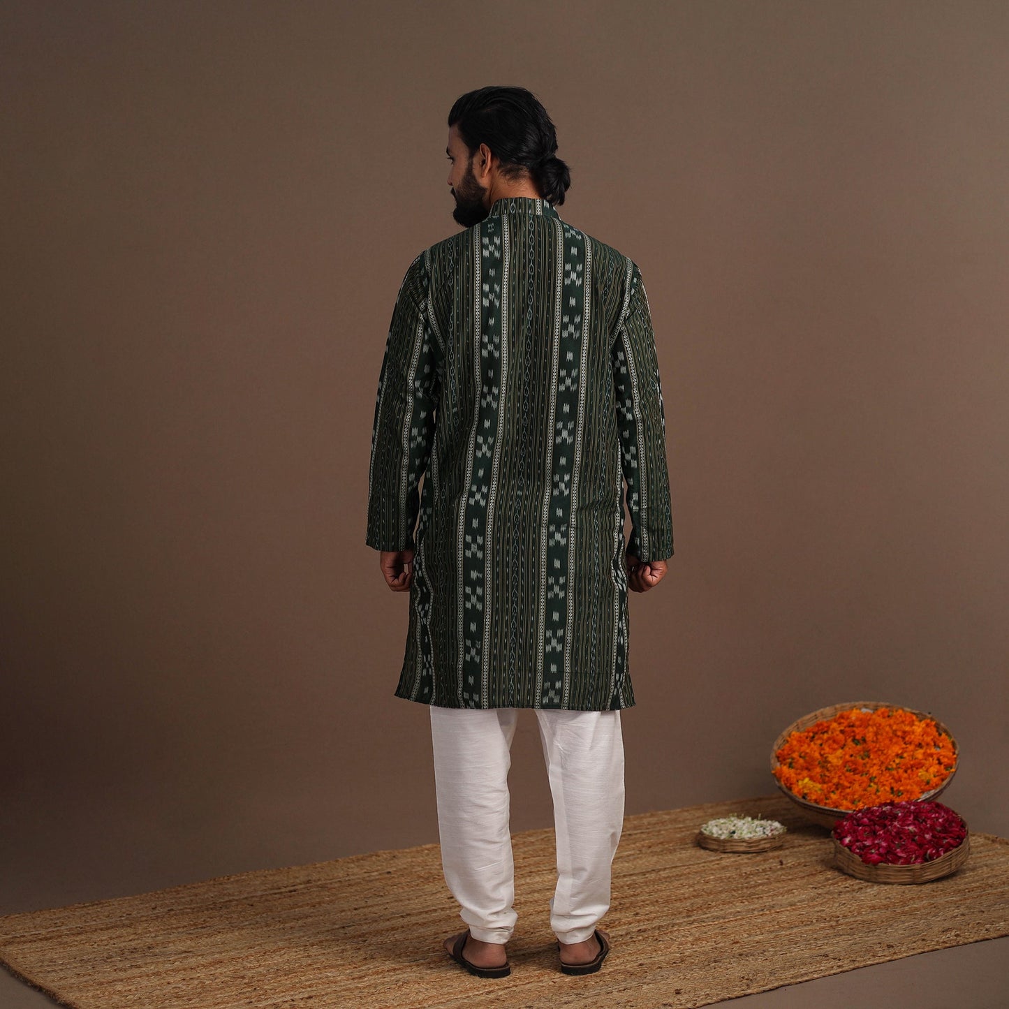 Green Sambalpuri Ikat Weave Cotton Men Long Kurta
